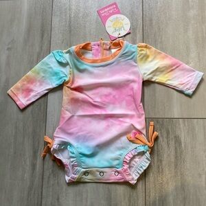 NWT RuffleButts Rainbow Tie Dye Long Sleeve Rash Guard One Piece Swimsuit, 0-3M